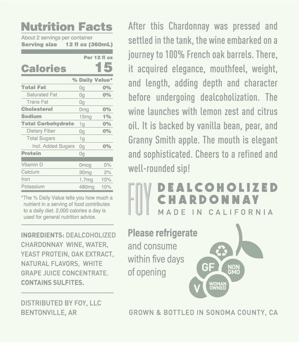 nutrition label and description for FOY non-alcoholic Chardonnay